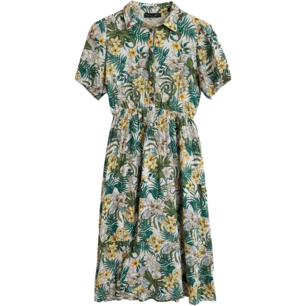 G.J. Tropical Floral Button Front Midi Dress Short Puff Sleeve Elastic Waist